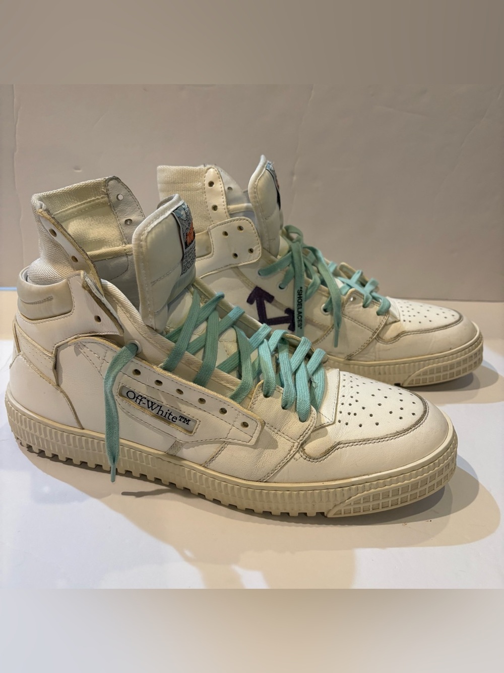 Off-White 3.0 court White High-Top Sneakers with Mint Laces and purple arrow